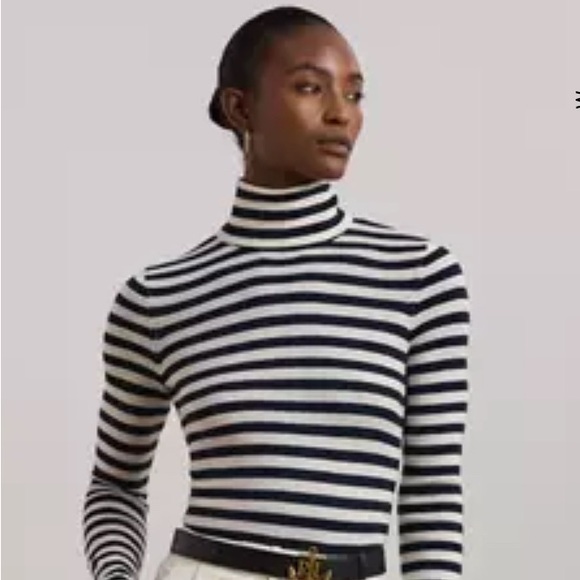 Lauren Ralph Lauren Black and White Striped Ribbed Turtleneck Sweater - Picture 2 of 4